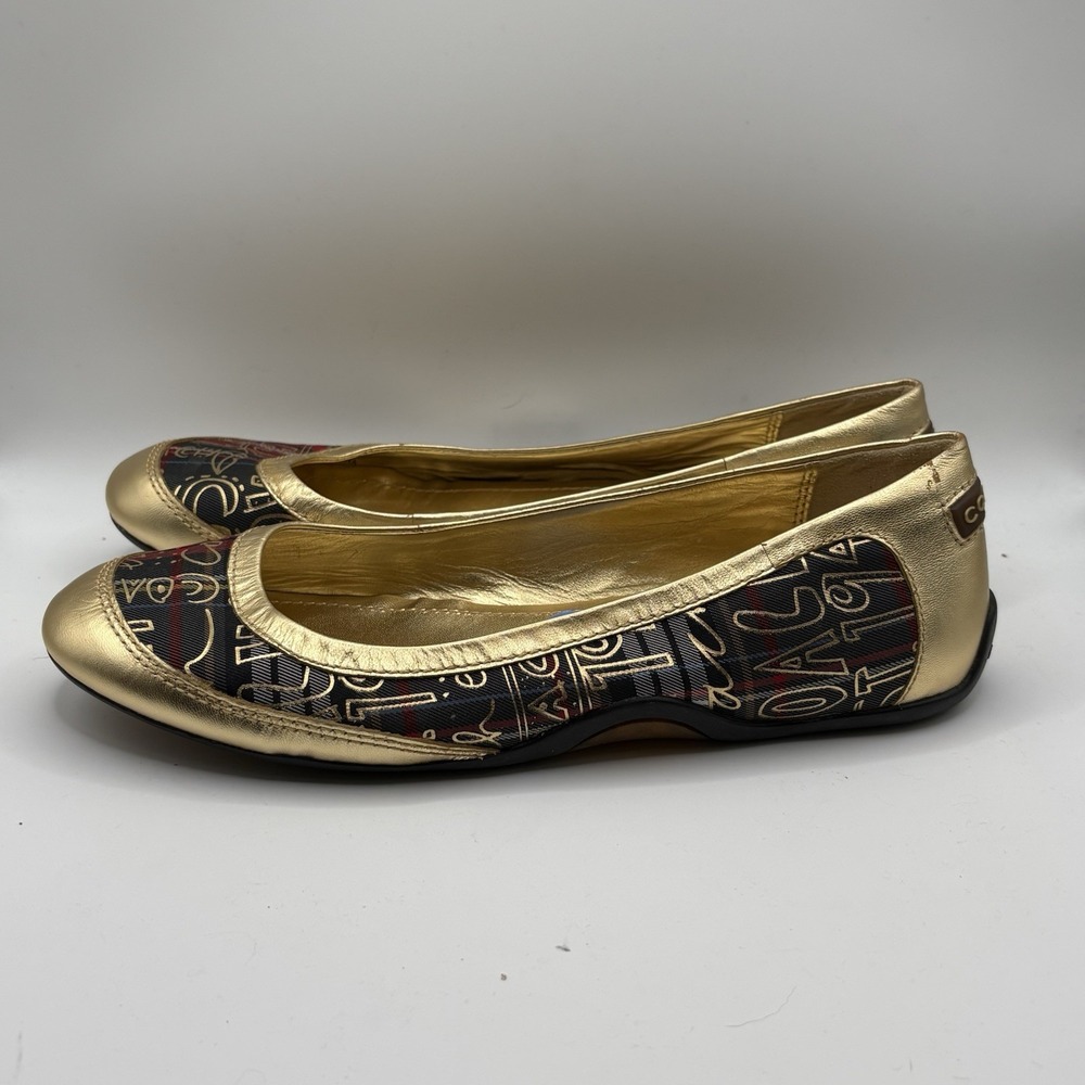COACH Ballet Flats Gold Tartan Plaid True Graffiti Logo Shoes US 7.5 B Slip On